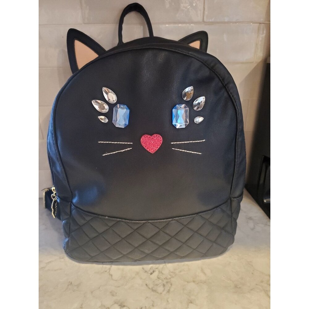 Black Cat Backpack With Gem Accents & Quilted Bottom